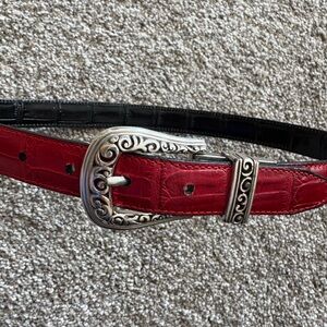 Reversible Red and Black Belt with Ornate Silver Buckle